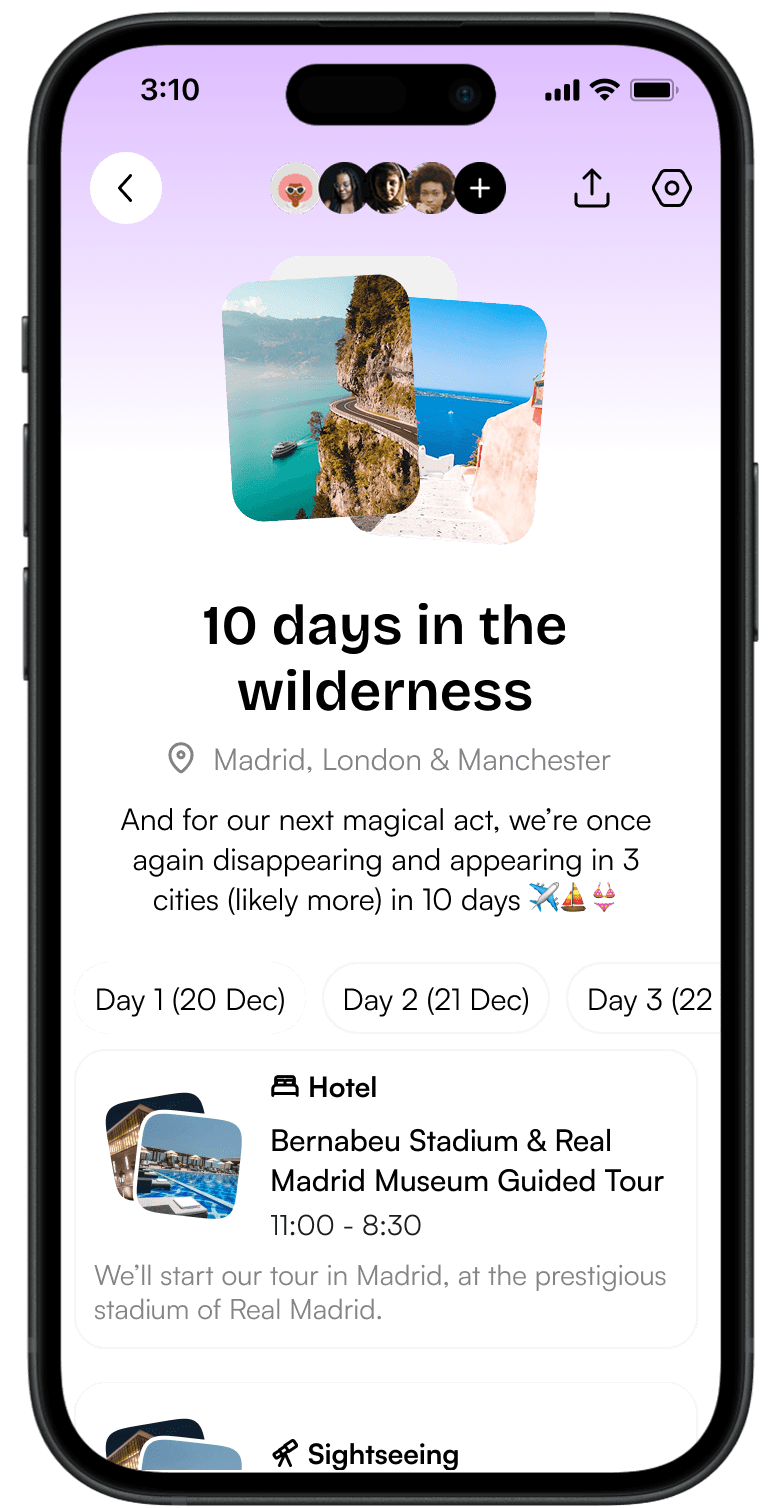 Trip o'clock app showing a group trip itinerary